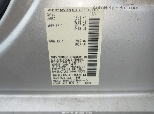 1N4BL4BV2LC284904 2020 NISSAN ALTIMA Silver Vista del compartimento del motor