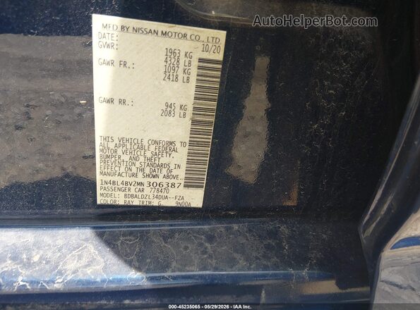 1N4BL4BV2MN306387 2021 NISSAN ALTIMA Синий Вид подкапотного пространства
