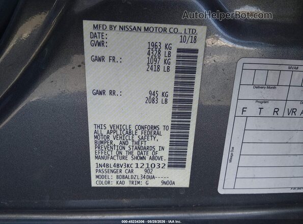 1N4BL4BV3KC121032 2019 NISSAN ALTIMA Серебряный 