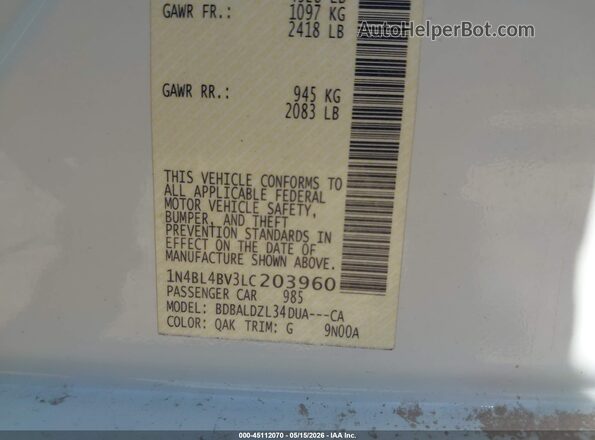 1N4BL4BV3LC203960 2020 NISSAN ALTIMA White Vista del compartimento del motor