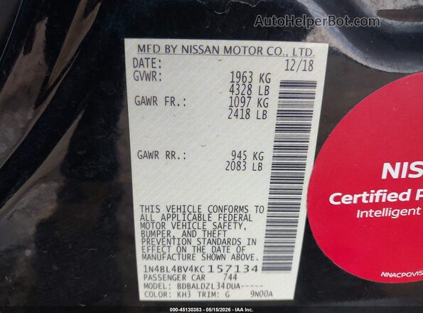 1N4BL4BV4KC157134 2019 NISSAN ALTIMA Black Vista del compartimento del motor