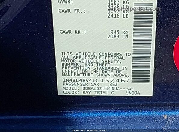 1N4BL4BV4LC152467 2020 NISSAN ALTIMA Blue Вид підкапотного простору