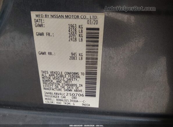 1N4BL4BV4LC250706 2020 NISSAN ALTIMA Gray Vista del compartimento del motor