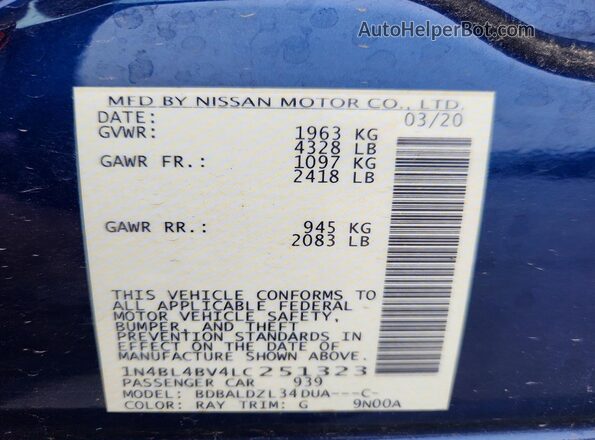 1N4BL4BV4LC251323 2020 NISSAN ALTIMA Blue 