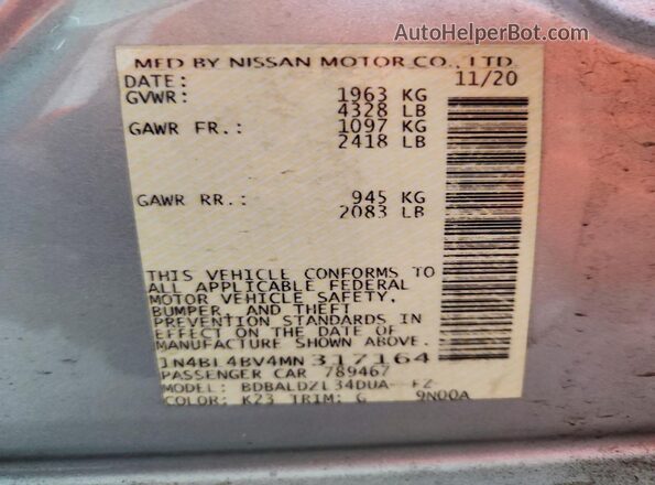 1N4BL4BV4MN317164 2021 NISSAN ALTIMA Silver Widok naklejki z numerem VIN