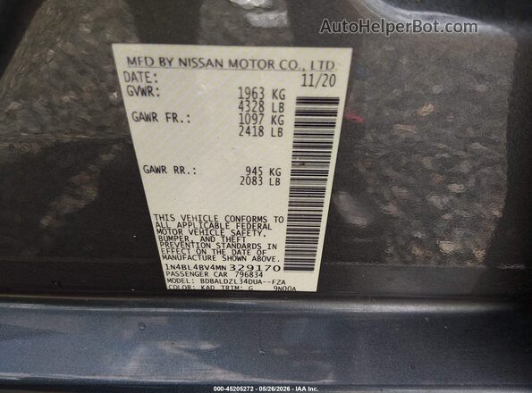 1N4BL4BV4MN329170 2021 NISSAN ALTIMA Gray Շարժիչի բաժամունքի տեսք