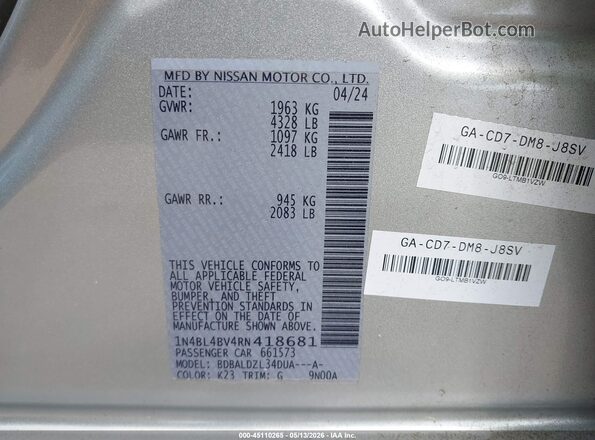 1N4BL4BV4RN418681 2024 NISSAN ALTIMA Silver Widok komory silnika