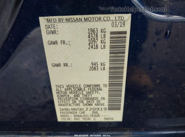 1N4BL4BV5KC220919 2019 NISSAN ALTIMA Blue Вид підкапотного простору
