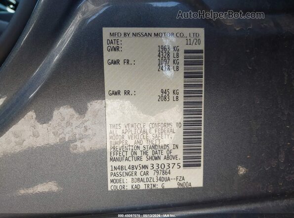 1N4BL4BV5MN330375 2021 NISSAN ALTIMA Серый Вид подкапотного пространства