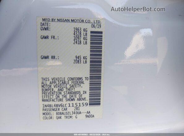 1N4BL4BV6LC115159 2020 NISSAN ALTIMA White Вид підкапотного простору