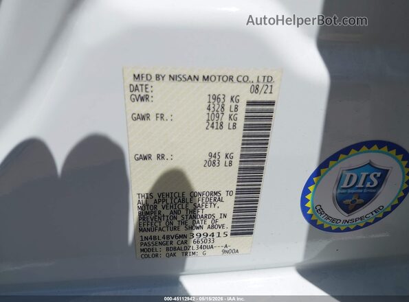 1N4BL4BV6MN399415 2021 NISSAN ALTIMA White Widok komory silnika