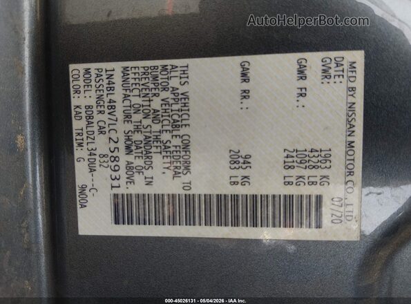 1N4BL4BV7LC258931 2020 NISSAN ALTIMA Gray Շարժիչի բաժամունքի տեսք