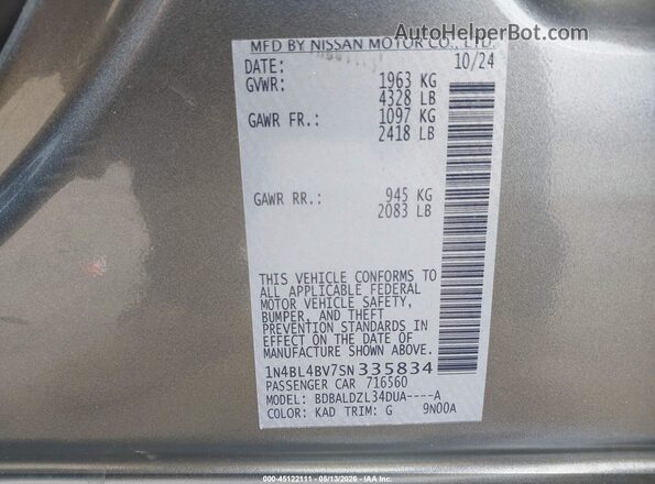 1N4BL4BV7SN335834 2025 NISSAN ALTIMA Gray Вид підкапотного простору