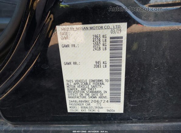 1N4BL4BV8KC206724 2019 NISSAN ALTIMA Black Widok komory silnika