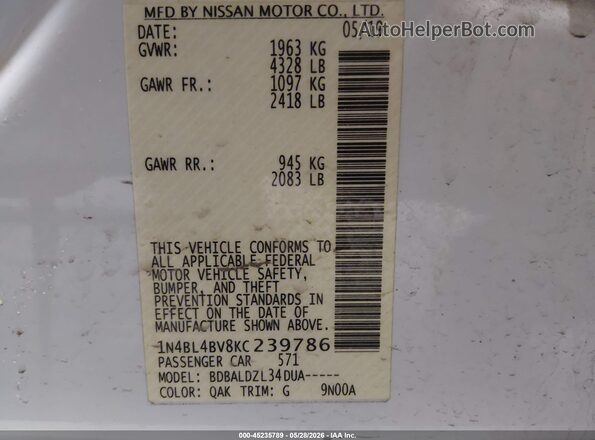 1N4BL4BV8KC239786 2019 NISSAN ALTIMA White Engine compartment view