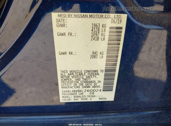 1N4BL4BV8KC260024 2019 NISSAN ALTIMA Dark Blue Вид подкапотного пространства