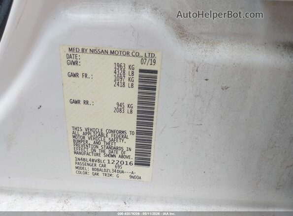 1N4BL4BV8LC122016 2020 NISSAN ALTIMA Белый Вид подкапотного пространства