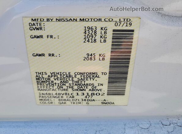 1N4BL4BV8LC131802 2020 NISSAN ALTIMA White Widok komory silnika