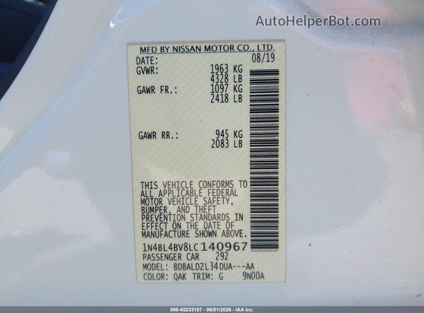 1N4BL4BV8LC140967 2020 NISSAN ALTIMA White Вид підкапотного простору