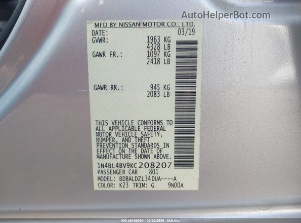 1N4BL4BV9KC208207 2019 NISSAN ALTIMA Silver ძრავის განყოფილების ხედი
