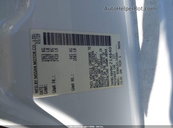 1N4BL4BV9KC214640 2019 NISSAN ALTIMA White Engine compartment view