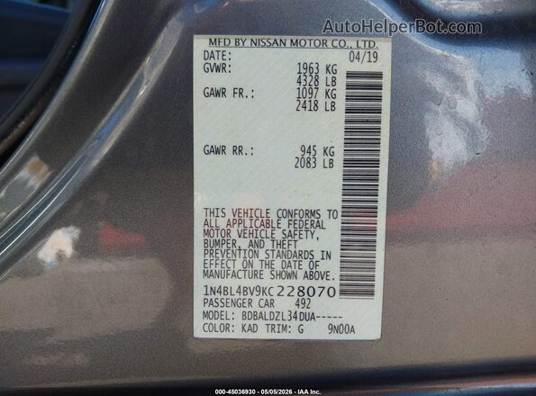 1N4BL4BV9KC228070 2019 NISSAN ALTIMA Gray Vista del compartimento del motor