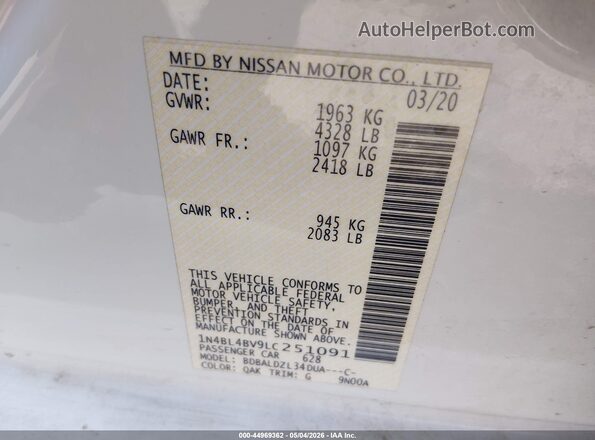 1N4BL4BV9LC251091 2020 NISSAN ALTIMA White 