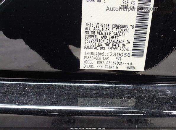 1N4BL4BV9LC280056 2020 NISSAN ALTIMA Black Вид підкапотного простору