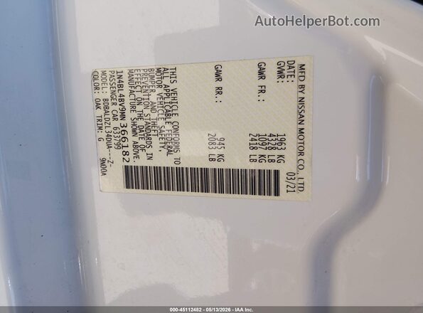 1N4BL4BV9MN366182 2021 NISSAN ALTIMA White Widok komory silnika