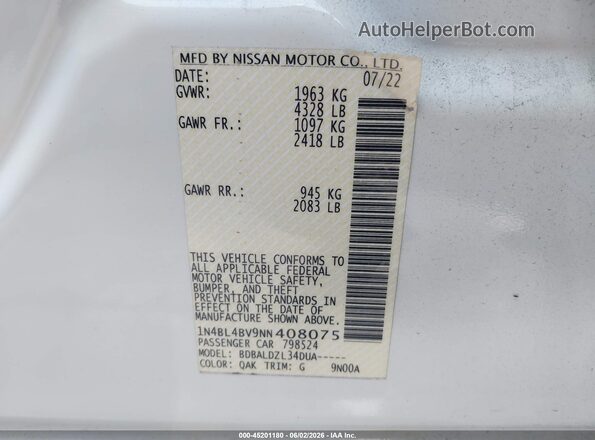 1N4BL4BV9NN408075 2022 NISSAN ALTIMA White Вид підкапотного простору