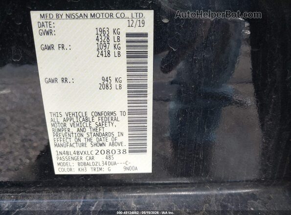 1N4BL4BVXLC208038 2020 NISSAN ALTIMA Black Engine compartment view