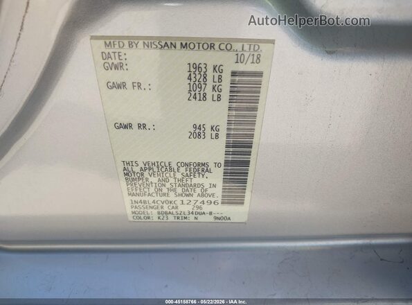 1N4BL4CV0KC127496 2019 NISSAN ALTIMA Silver Widok komory silnika