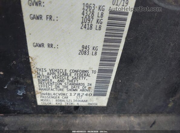 1N4BL4CV0KC178240 2019 NISSAN ALTIMA Черный Вид подкапотного пространства