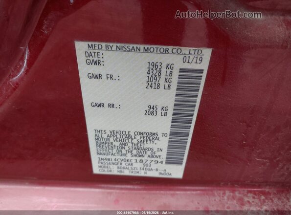 1N4BL4CV0KC187794 2019 NISSAN ALTIMA Red Շարժիչի բաժամունքի տեսք