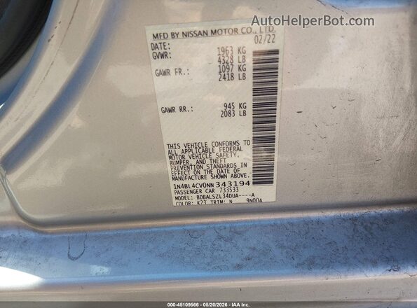 1N4BL4CV0NN343194 2022 NISSAN ALTIMA Silver Vista del compartimento del motor
