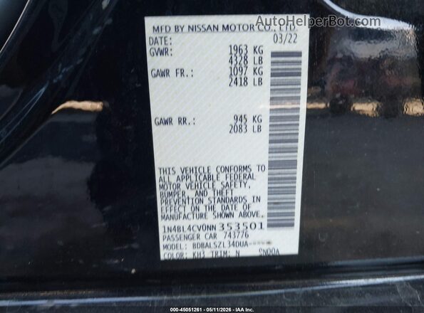 1N4BL4CV0NN353501 2022 NISSAN ALTIMA Black Շարժիչի բաժամունքի տեսք