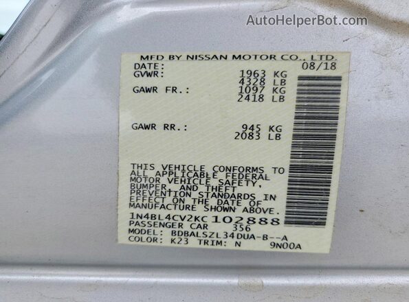 1N4BL4CV2KC102888 2019 NISSAN ALTIMA Silver 