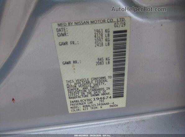 1N4BL4CV3KC194674 2019 NISSAN ALTIMA Silver Engine compartment view