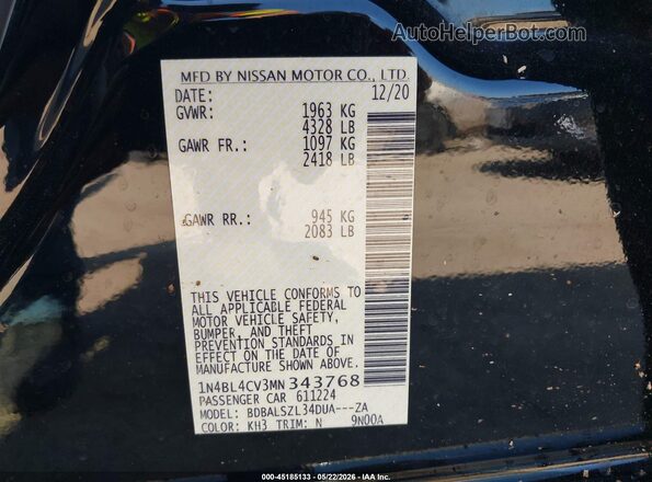 1N4BL4CV3MN343768 2021 NISSAN ALTIMA Black Widok komory silnika