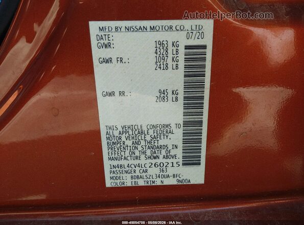 1N4BL4CV4LC260215 2020 NISSAN ALTIMA Orange Vista del compartimento del motor
