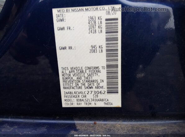 1N4BL4CV4LC273062 2020 NISSAN ALTIMA Синий Вид подкапотного пространства