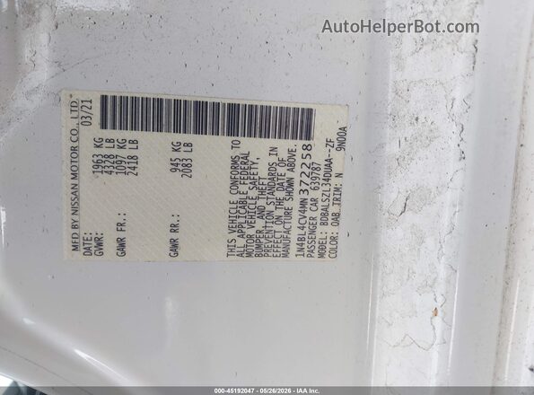 1N4BL4CV4MN372258 2021 NISSAN ALTIMA White 