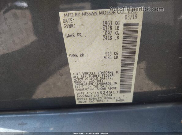 1N4BL4CV5KN324913 2019 NISSAN ALTIMA Gray Շարժիչի բաժամունքի տեսք