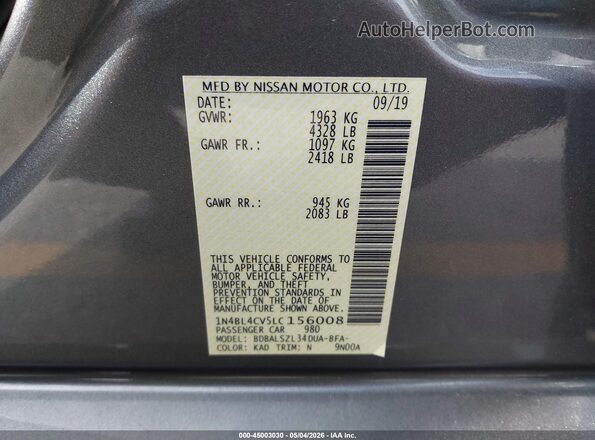 1N4BL4CV5LC156008 2020 NISSAN ALTIMA SR Серый Вид подкапотного пространства