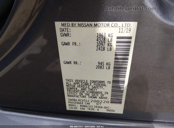 1N4BL4CV5LC200220 2020 NISSAN ALTIMA Gray Շարժիչի բաժամունքի տեսք