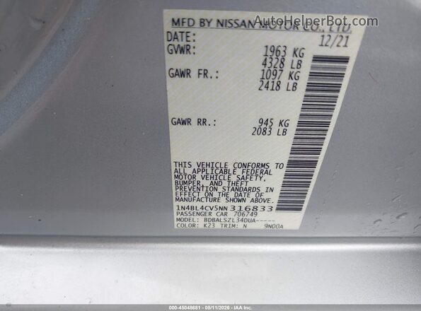 1N4BL4CV5NN316833 2022 NISSAN ALTIMA Silver Engine compartment view