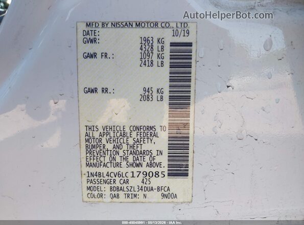 1N4BL4CV6LC179085 2020 NISSAN ALTIMA Белый 