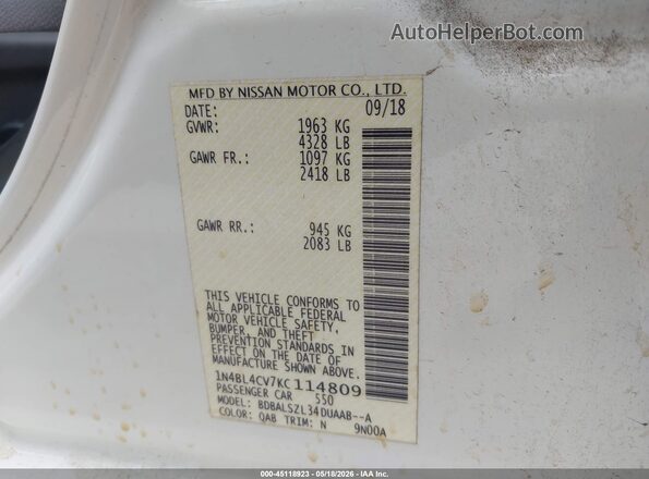 1N4BL4CV7KC114809 2019 NISSAN ALTIMA White Вид підкапотного простору