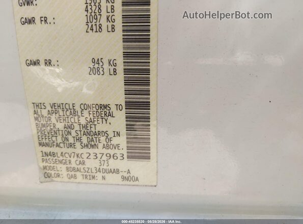 1N4BL4CV7KC237963 2019 NISSAN ALTIMA White Շարժիչի բաժամունքի տեսք