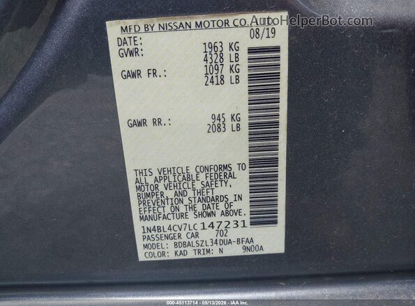 1N4BL4CV7LC147231 2020 NISSAN ALTIMA Серый Вид подкапотного пространства